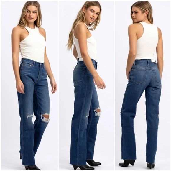 Re/Done Denim - RE/DONE 90's High Rise Loose Distressed Straight Leg Raw Hem Jeans Size …